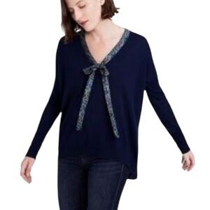 J. Crew Abigail Borg Merino Wool V Neck Tie Sweater Large Navy Blue Classic